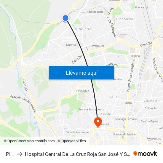 Pitis to Hospital Central De La Cruz Roja San José Y Santa Adela map