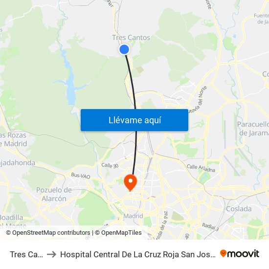 Tres Cantos to Hospital Central De La Cruz Roja San José Y Santa Adela map