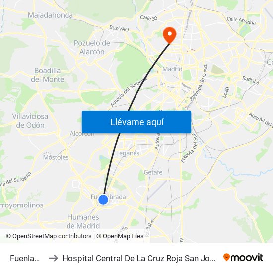 Fuenlabrada to Hospital Central De La Cruz Roja San José Y Santa Adela map