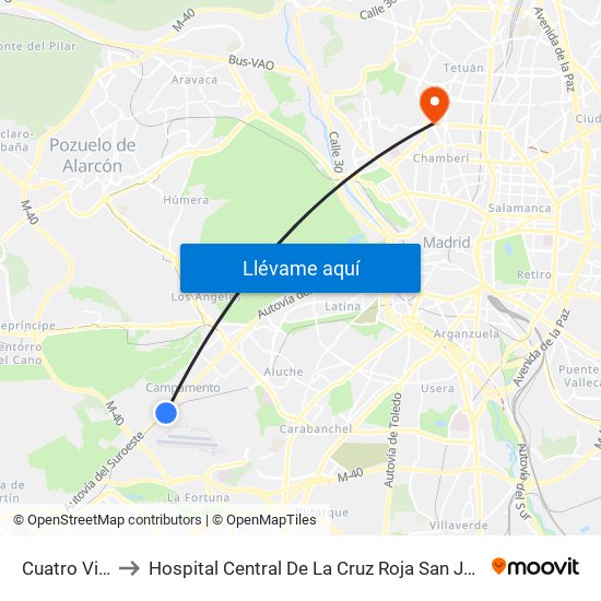 Cuatro Vientos to Hospital Central De La Cruz Roja San José Y Santa Adela map