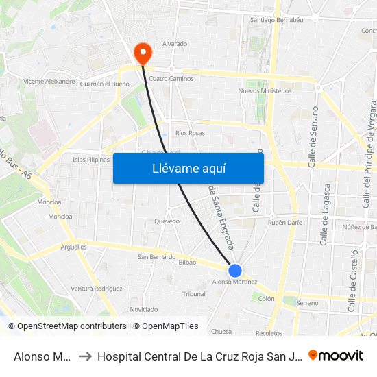 Alonso Martínez to Hospital Central De La Cruz Roja San José Y Santa Adela map