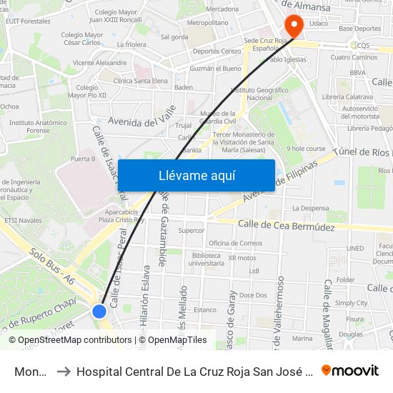 Moncloa to Hospital Central De La Cruz Roja San José Y Santa Adela map