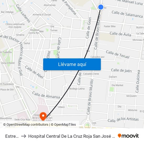 Estrecho to Hospital Central De La Cruz Roja San José Y Santa Adela map