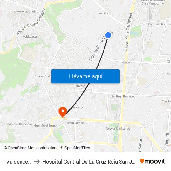 Valdeacederas to Hospital Central De La Cruz Roja San José Y Santa Adela map
