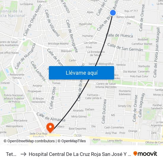Tetuán to Hospital Central De La Cruz Roja San José Y Santa Adela map