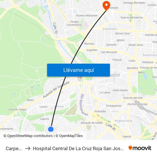 Carpetana to Hospital Central De La Cruz Roja San José Y Santa Adela map