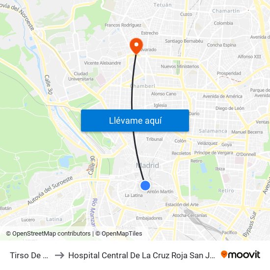 Tirso De Molina to Hospital Central De La Cruz Roja San José Y Santa Adela map