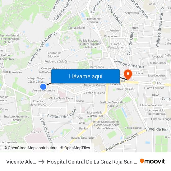 Vicente Aleixandre to Hospital Central De La Cruz Roja San José Y Santa Adela map