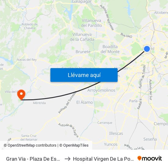 Gran Vía - Plaza De España to Hospital Virgen De La Poveda map