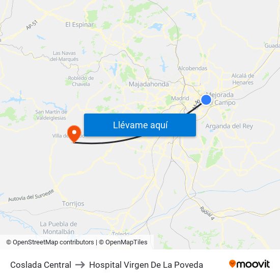 Coslada Central to Hospital Virgen De La Poveda map