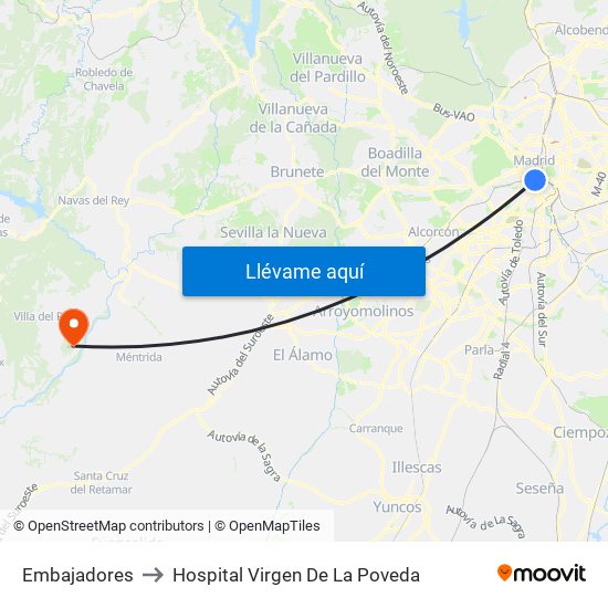 Embajadores to Hospital Virgen De La Poveda map