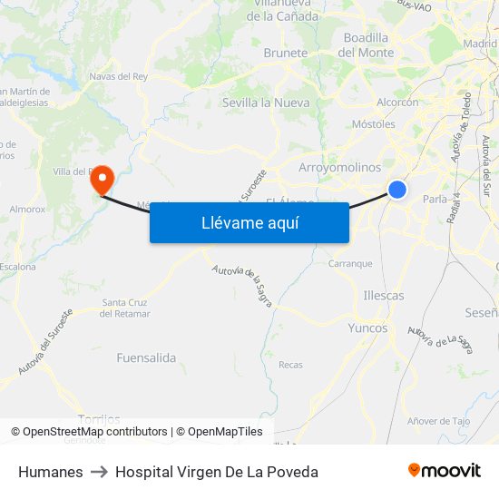 Humanes to Hospital Virgen De La Poveda map
