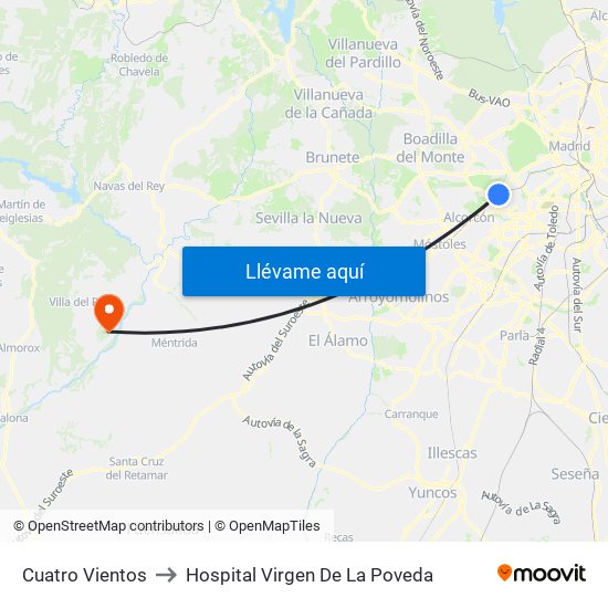 Cuatro Vientos to Hospital Virgen De La Poveda map