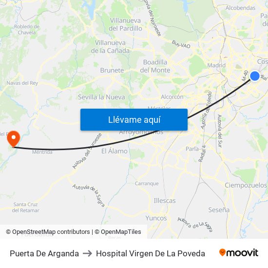 Puerta De Arganda to Hospital Virgen De La Poveda map