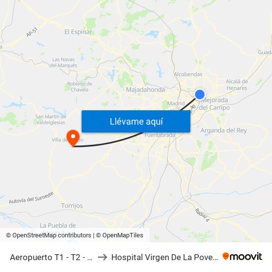Aeropuerto T1 - T2 - T3 to Hospital Virgen De La Poveda map