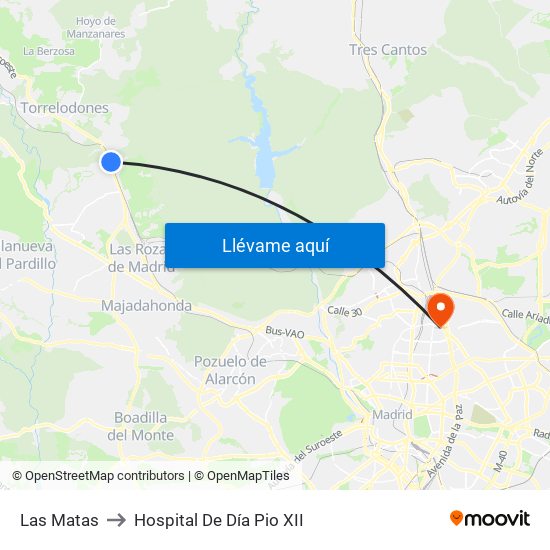 Las Matas to Hospital De Día Pio XII map