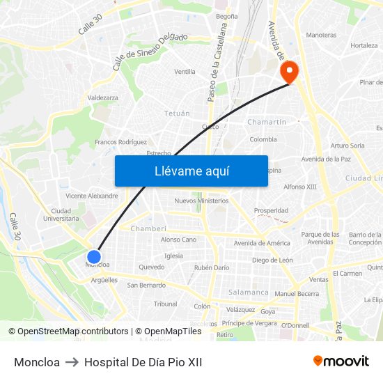 Moncloa to Hospital De Día Pio XII map