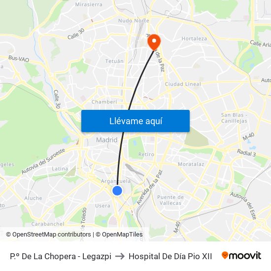 P.º De La Chopera - Legazpi to Hospital De Día Pio XII map