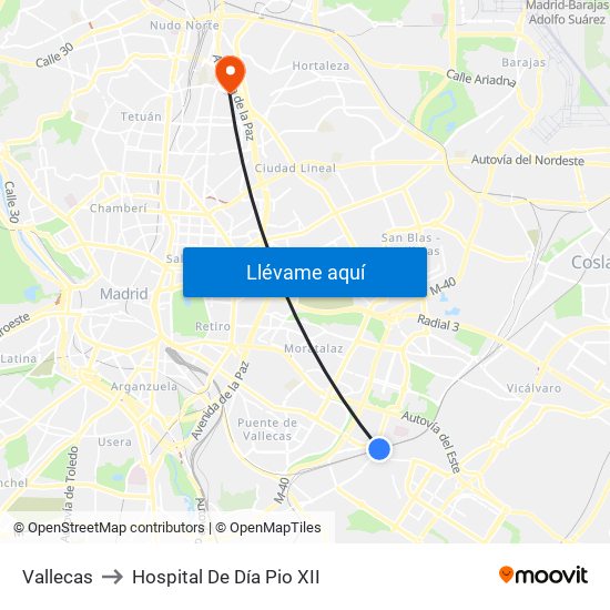 Vallecas to Hospital De Día Pio XII map