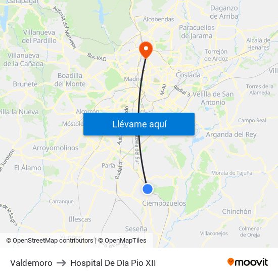 Valdemoro to Hospital De Día Pio XII map
