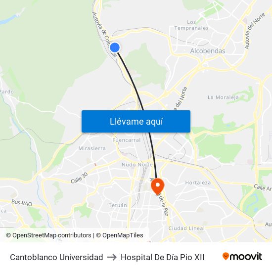 Cantoblanco Universidad to Hospital De Día Pio XII map
