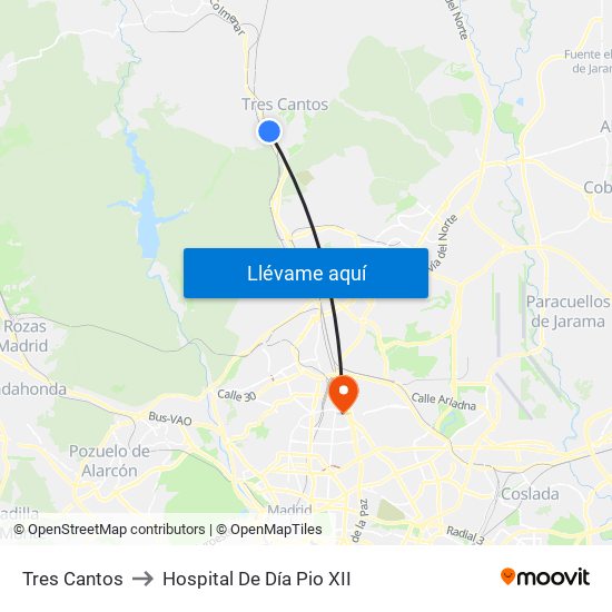 Tres Cantos to Hospital De Día Pio XII map
