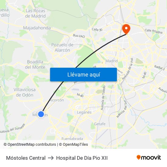 Móstoles Central to Hospital De Día Pio XII map