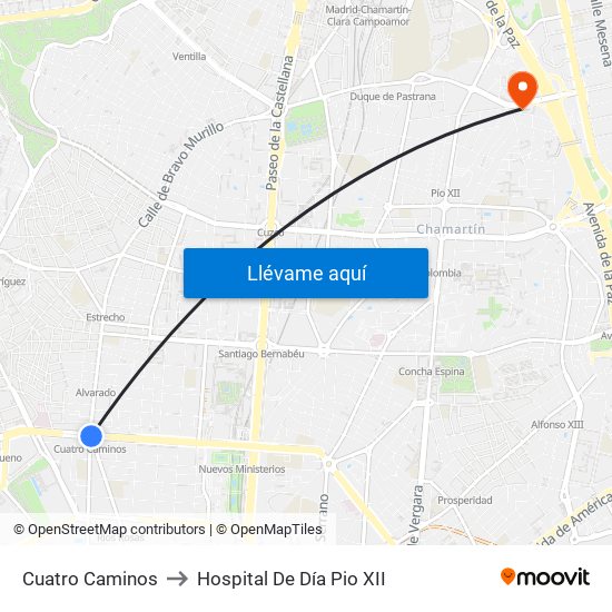 Cuatro Caminos to Hospital De Día Pio XII map