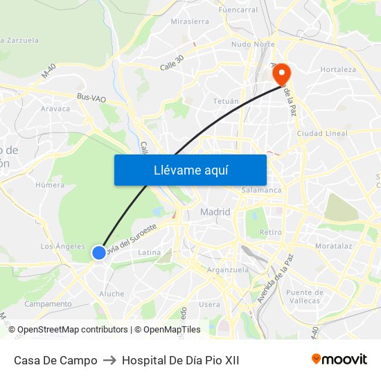 Casa De Campo to Hospital De Día Pio XII map