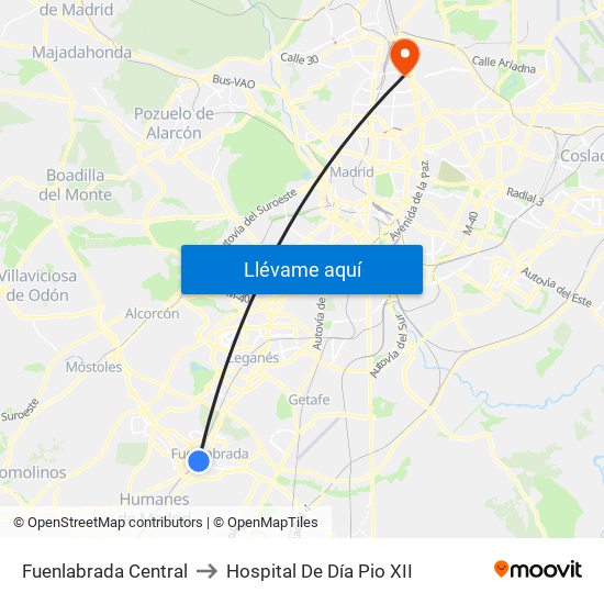 Fuenlabrada Central to Hospital De Día Pio XII map