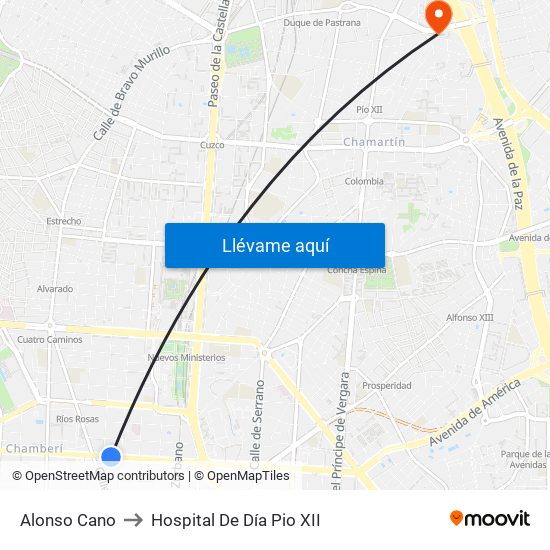 Alonso Cano to Hospital De Día Pio XII map