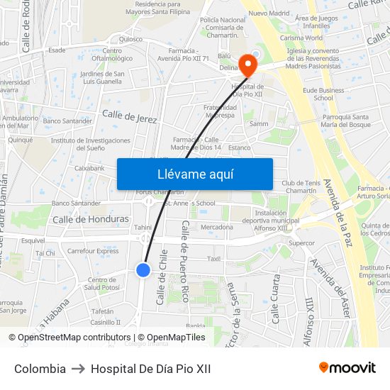 Colombia to Hospital De Día Pio XII map