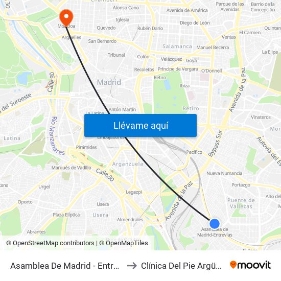 Asamblea De Madrid - Entrevías to Clínica Del Pie Argüelles map