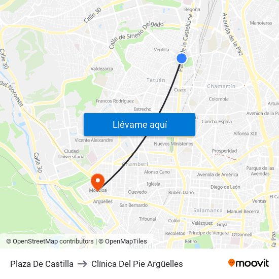 Plaza De Castilla to Clínica Del Pie Argüelles map