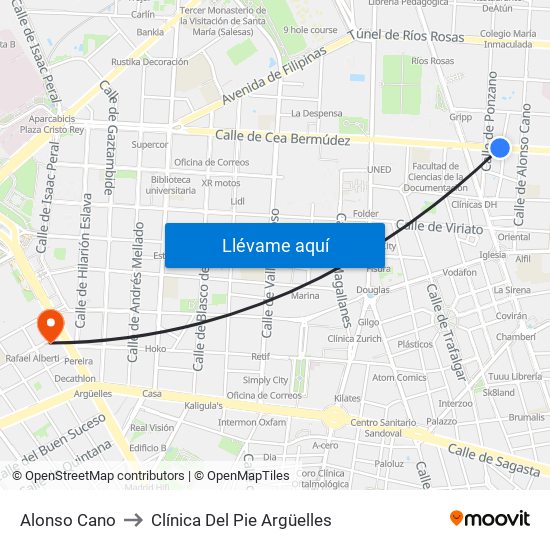 Alonso Cano to Clínica Del Pie Argüelles map