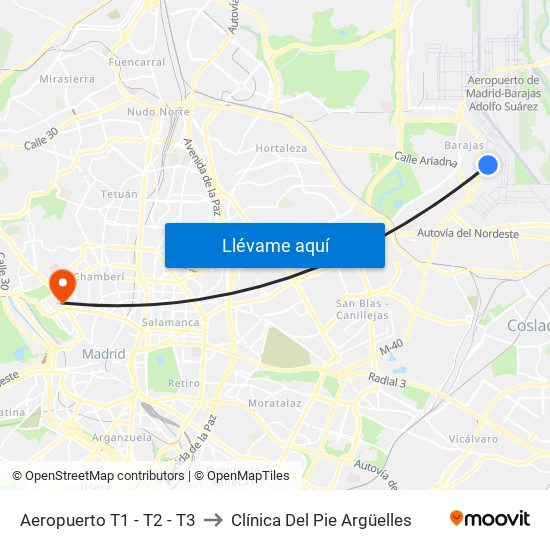 Aeropuerto T1 - T2 - T3 to Clínica Del Pie Argüelles map