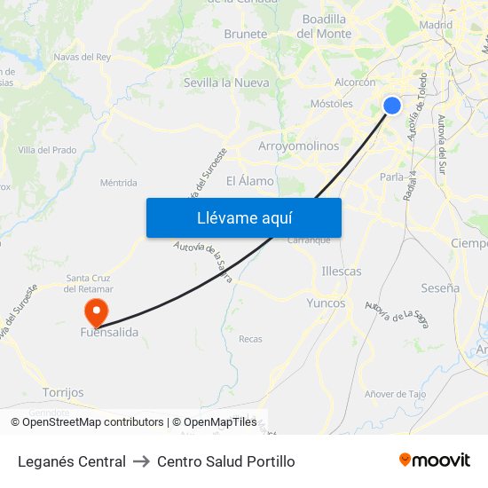 Leganés Central to Centro Salud Portillo map
