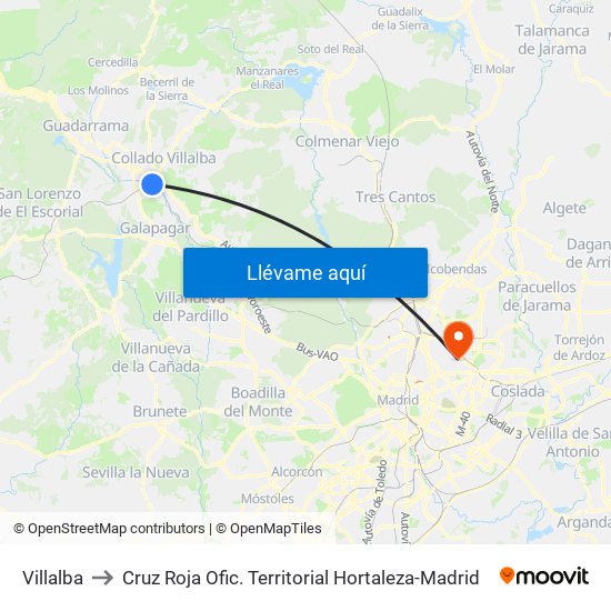 Villalba to Cruz Roja Ofic. Territorial Hortaleza-Madrid map