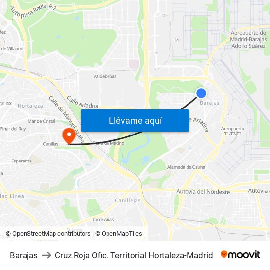 Barajas to Cruz Roja Ofic. Territorial Hortaleza-Madrid map