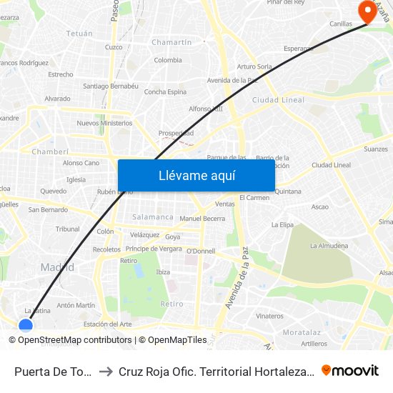 Puerta De Toledo to Cruz Roja Ofic. Territorial Hortaleza-Madrid map