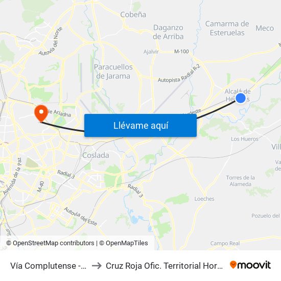 Vía Complutense - Brihuega to Cruz Roja Ofic. Territorial Hortaleza-Madrid map