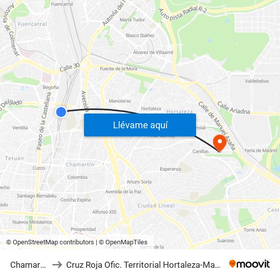 Chamartín to Cruz Roja Ofic. Territorial Hortaleza-Madrid map