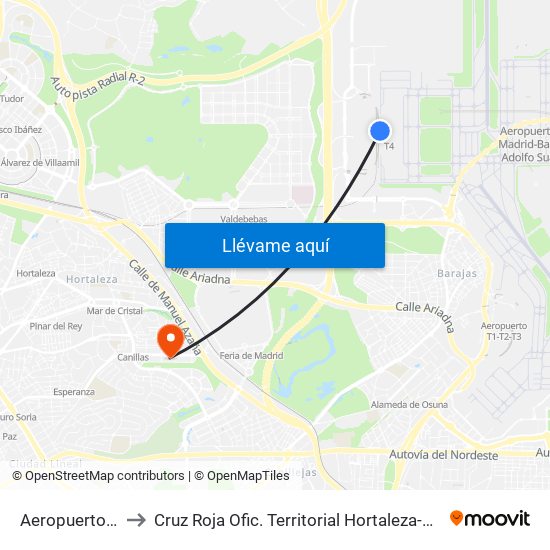 Aeropuerto T4 to Cruz Roja Ofic. Territorial Hortaleza-Madrid map