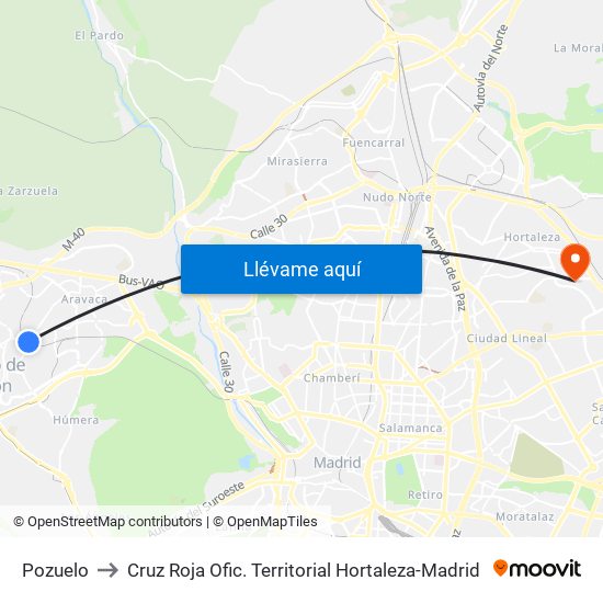 Pozuelo to Cruz Roja Ofic. Territorial Hortaleza-Madrid map