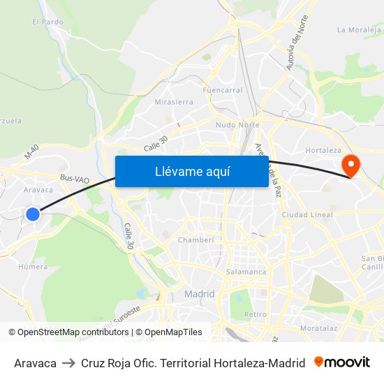 Aravaca to Cruz Roja Ofic. Territorial Hortaleza-Madrid map