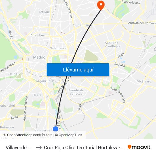 Villaverde Bajo to Cruz Roja Ofic. Territorial Hortaleza-Madrid map