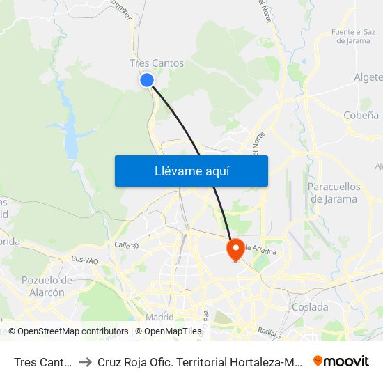 Tres Cantos to Cruz Roja Ofic. Territorial Hortaleza-Madrid map