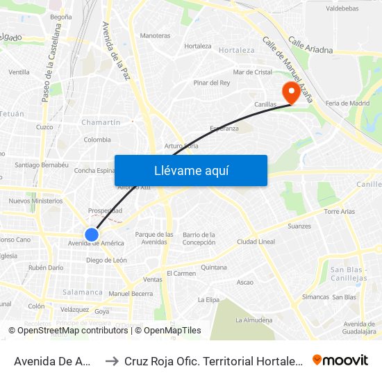 Avenida De América to Cruz Roja Ofic. Territorial Hortaleza-Madrid map