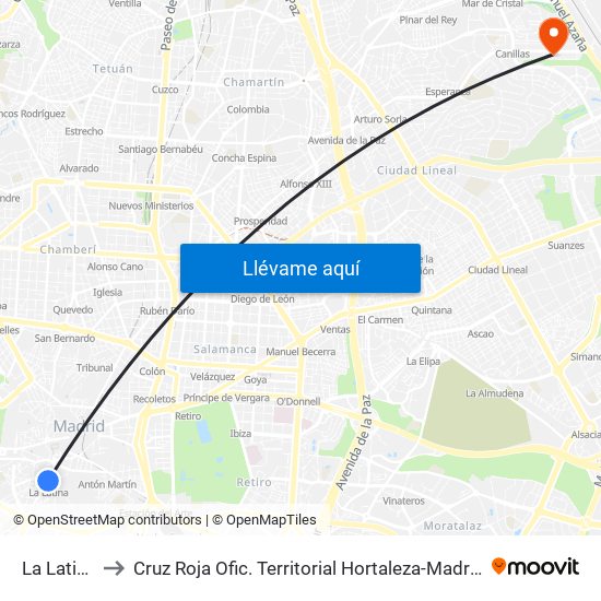 La Latina to Cruz Roja Ofic. Territorial Hortaleza-Madrid map