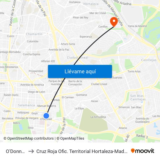 O'Donnell to Cruz Roja Ofic. Territorial Hortaleza-Madrid map